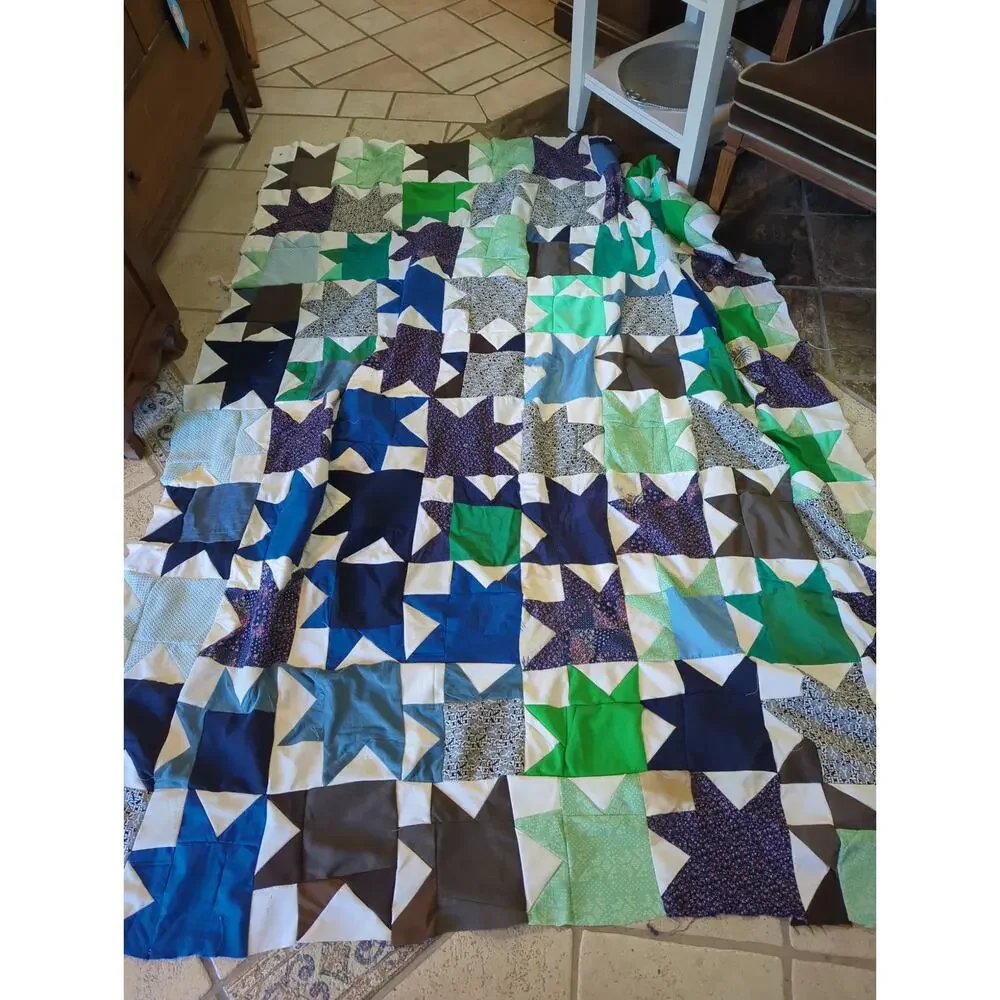 Vintage 70s Mixed Calico Star Patchwork Unfinished Quilt Top - 69